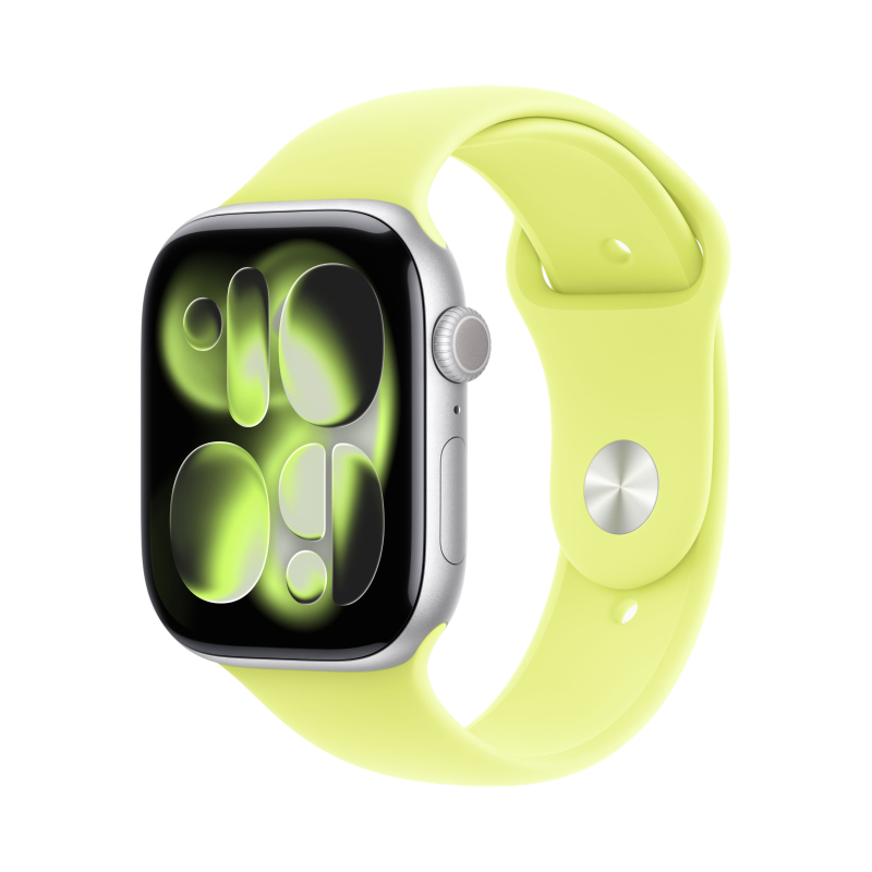 Фото Apple Watch Series 11, 46 мм, корпус из алюминия цвета «Серебристый», спортивный ремешок, размер S/M На фото изображено Apple Watch Series 11, 46 мм, корпус из алюминия цвета «Серебристый», спортивный ремешок, размер S/M