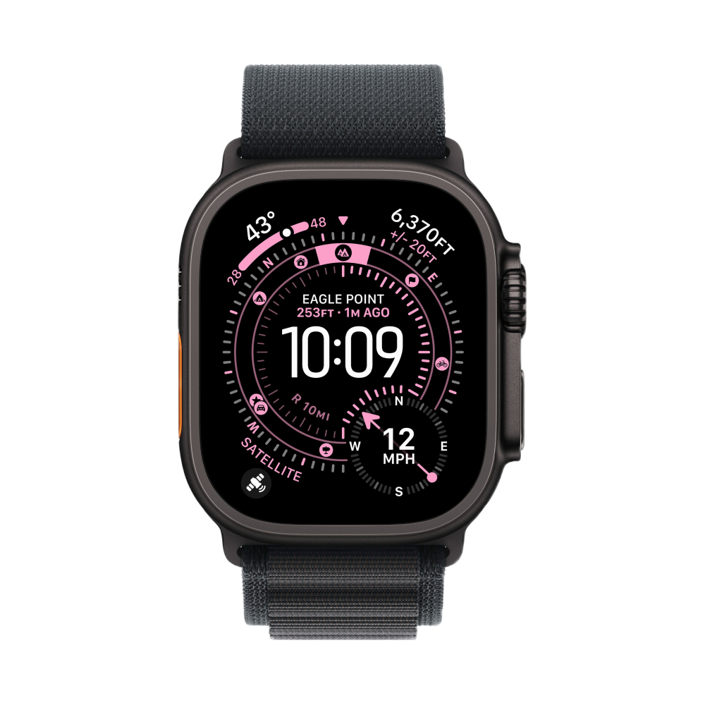 На фото изображено Apple Watch Ultra 3 GPS + Cellular, 49 мм, корпус из чёрного титана, ремешок Alpine, цвет чёрный, S