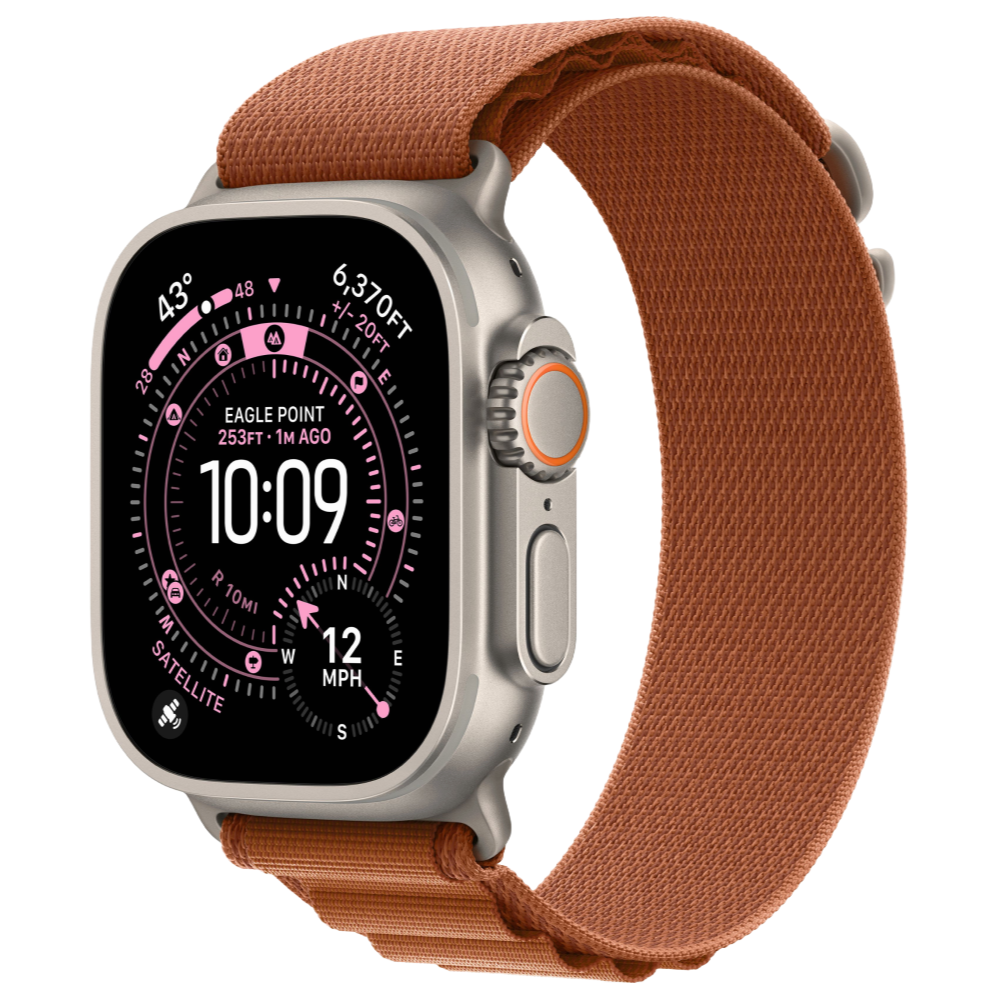 На фото изображено Apple Watch Ultra 3 GPS + Cellular, 49 мм, корпус из натурального титана, ремешок Alpine, цвет терракотовый, S