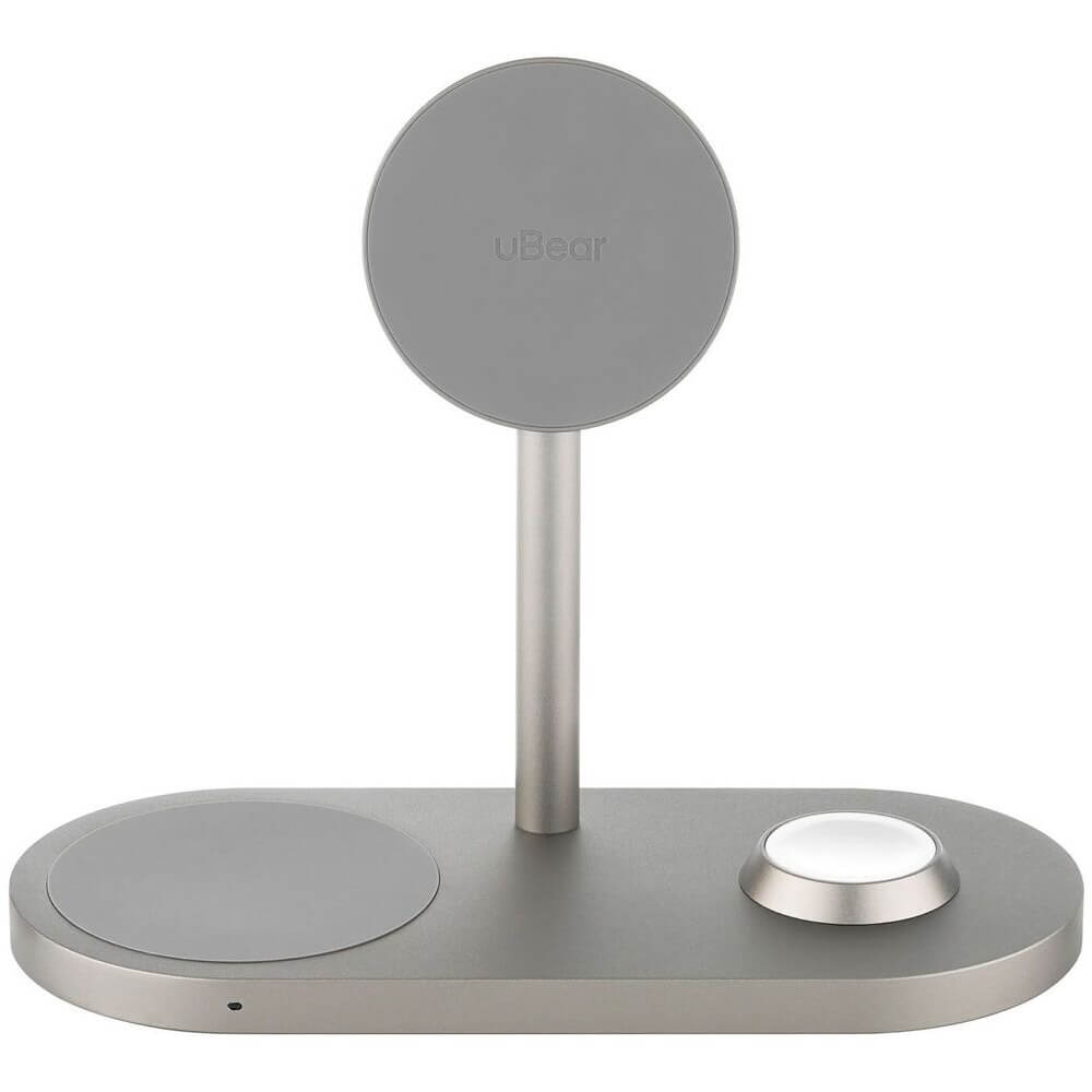 На фото изображено Беспроводное зарядное устройство uBear Stage Pro, 3 в 1, натуральный титан