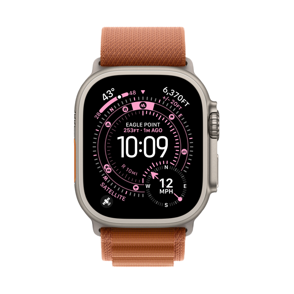 На фото изображено Apple Watch Ultra 3 GPS + Cellular, 49 мм, корпус из натурального титана, ремешок Alpine, цвет терракотовый, S