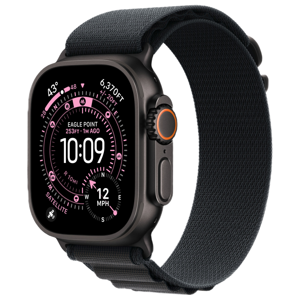 На фото изображено Apple Watch Ultra 3 GPS + Cellular, 49 мм, корпус из чёрного титана, ремешок Alpine, цвет чёрный, L