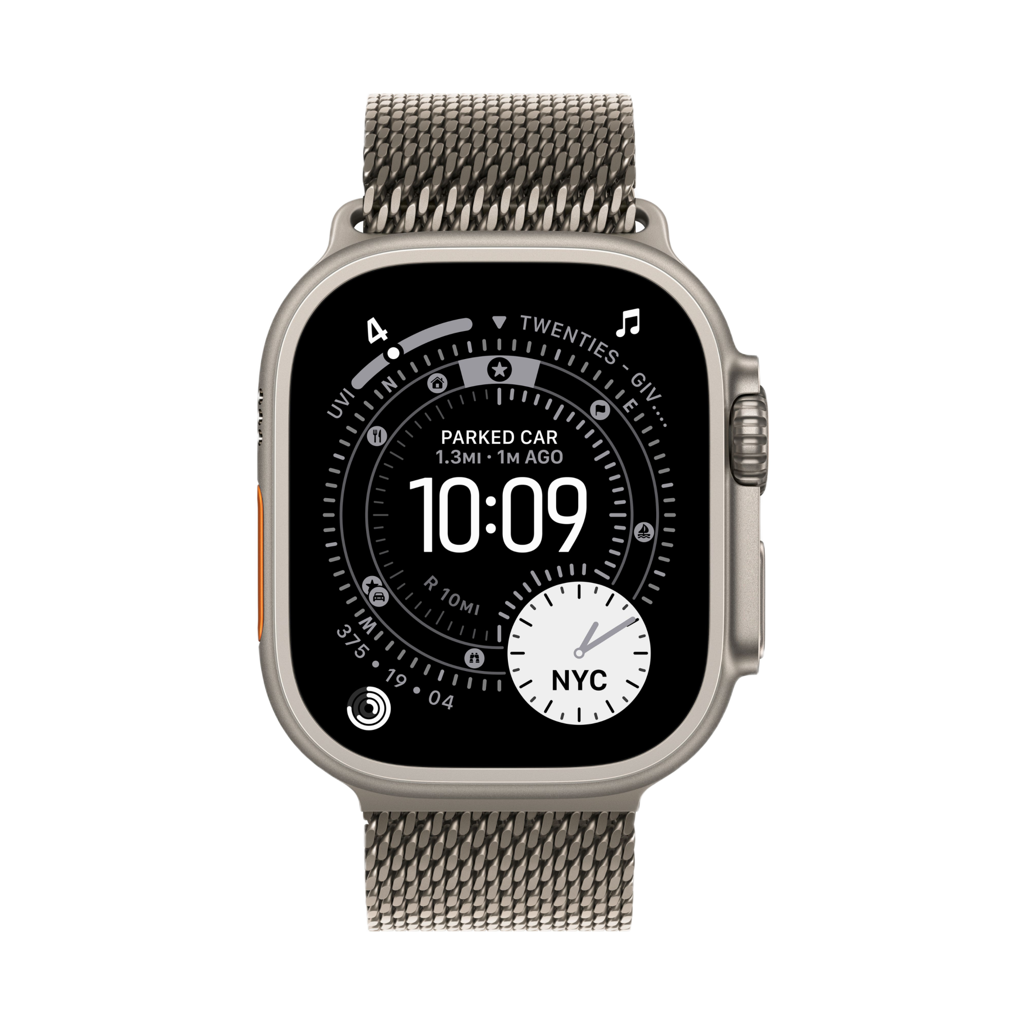 На фото изображено Apple Watch Ultra 3 GPS + Cellular, 49 мм, корпус из натурального титана, ремешок Milanese цвета «натуральный титан», размер M
