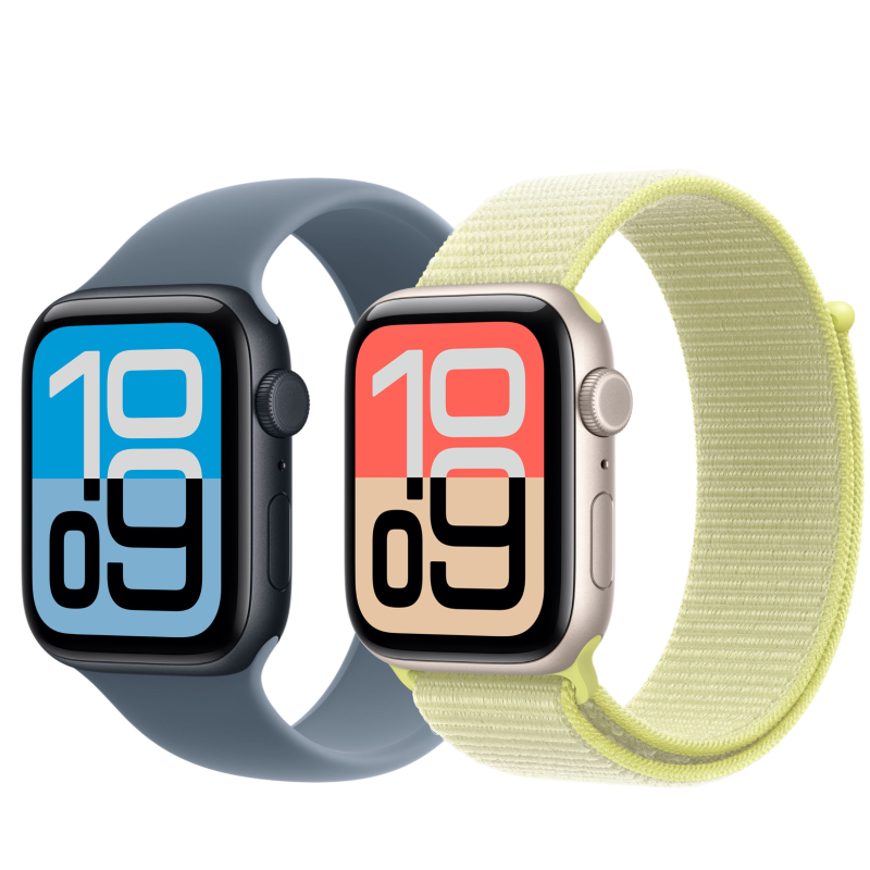 На фото изображено Apple Watch SE 3, 44 мм, корпус из алюминия цвета «Сияющая звезда», спортивный ремешок, размер S/M