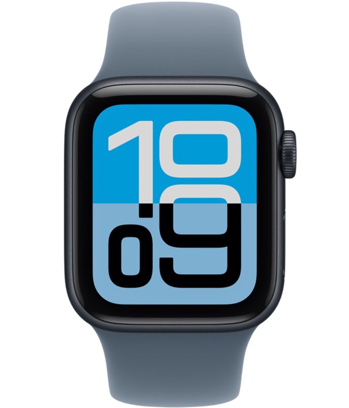 На фото изображено Apple Watch SE 3, 40 мм, корпус из алюминия цвета «Полуночный черный», спортивный ремешок, размер S/M