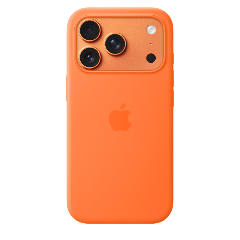 На фото изображено Чехол защитный Apple Silicone Case with MagSafe для iPhone 17 Pro, оранжевый