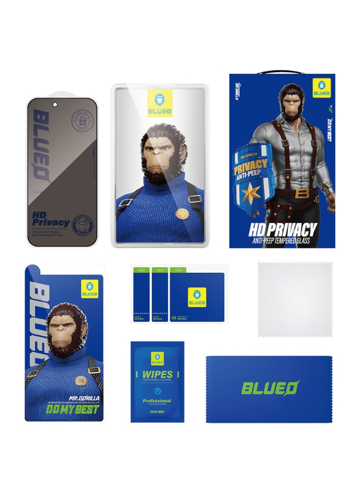 На фото изображено Защитное стекло BlueO для iPhone 17/17 Pro/16 Pro, антишпион