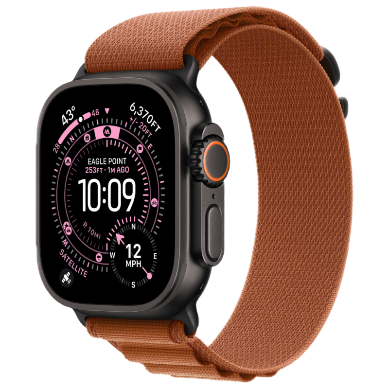 На фото изображено Apple Watch Ultra 3 GPS + Cellular, 49 мм, корпус из чёрного титана, ремешок Alpine, цвет терракотовый, S