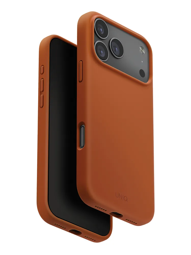 На фото изображено Чехол Uniq Lino MagSafe для iPhone 17 Pro, оранжевый