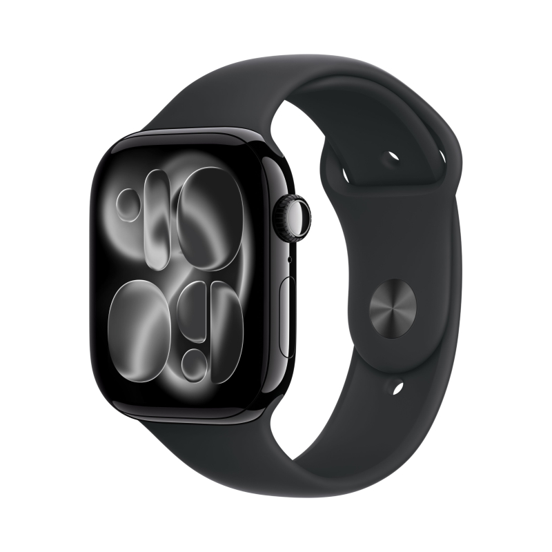 На фото изображено Apple Watch Series 11, 46 мм, корпус из алюминия цвета «Чёрный оникс», спортивный ремешок, размер S/M