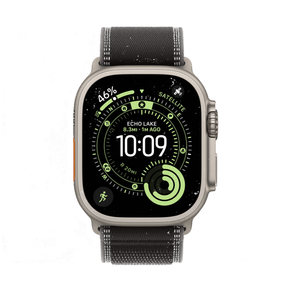 На фото изображено Apple Watch Ultra 3 GPS + Cellular, 49 мм, корпус из натурального титана, ремешок Trail, цвет чёрный, S/M
