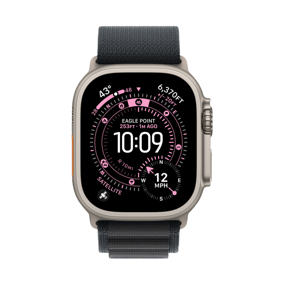 На фото изображено Apple Watch Ultra 3 GPS + Cellular, 49 мм, корпус из натурального титана, ремешок Alpine, цвет чёрный, S