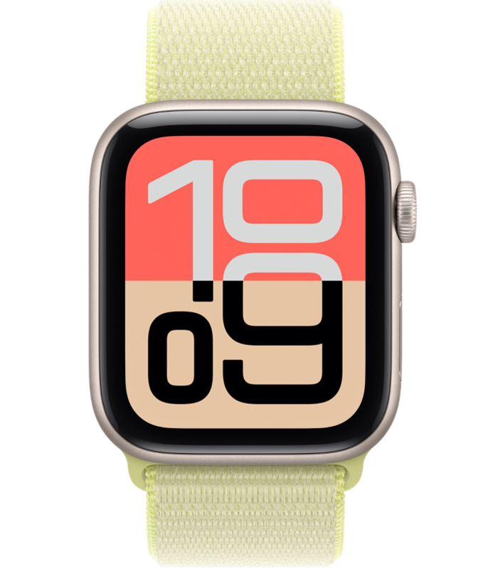 На фото изображено Apple Watch SE 3, 44 мм, корпус из алюминия цвета «Сияющая звезда», спортивный ремешок, размер S/M