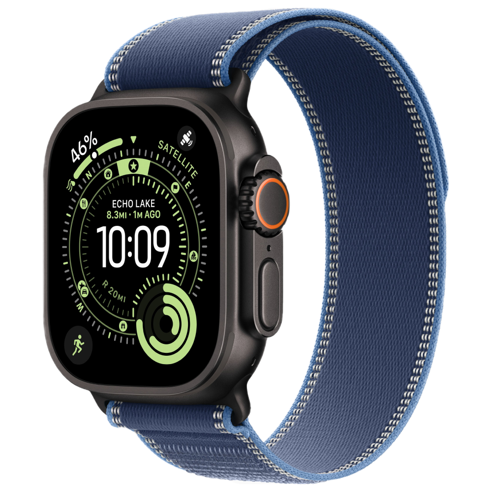 На фото изображено Apple Watch Ultra 3 GPS + Cellular, 49 мм, корпус из чёрного титана, ремешок Trail, цвет синий, M/L